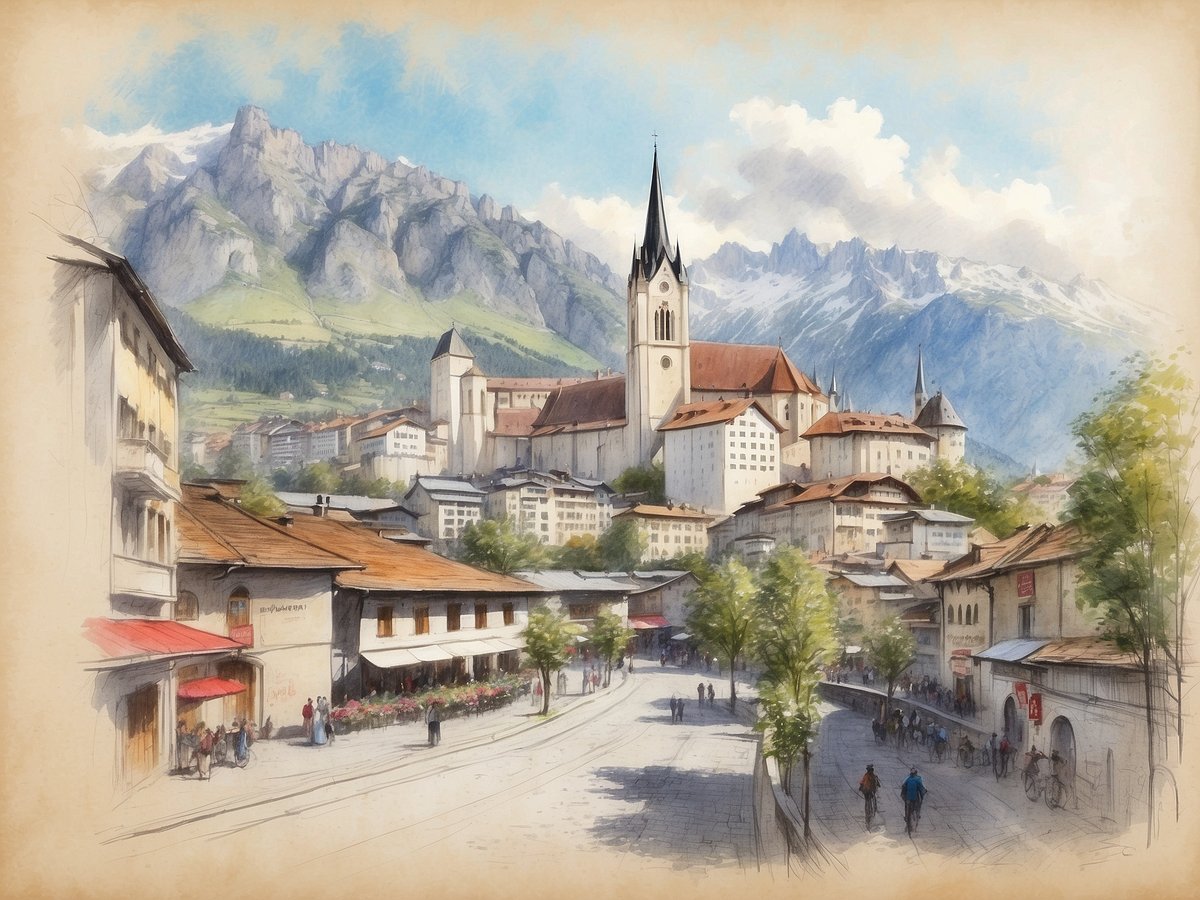 Ausblick auf eine malerische Stadtlandschaft mit historischen Gebäuden und einer markanten Kirche im Hintergrund. Die Kirche hat einen hohen, spitzen Turm und ist von traditionellen Häusern umgeben. Im Vordergrund sind Menschen auf der Straße und in den Cafés zu sehen, umgeben von Bäumen und Blumen. Im Hintergrund erheben sich majestätische Berge, die die Szenerie rahmen. Der Himmel ist hellblau mit einigen Wolken, was eine freundliche Atmosphäre schafft.