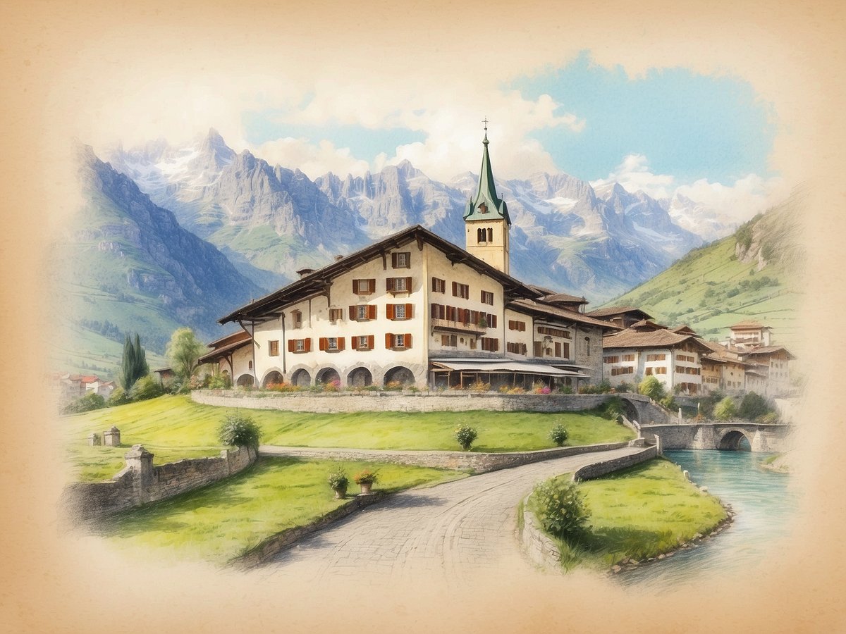 Auf dem Bild ist eine malerische Landschaft in Liechtenstein zu sehen, die von hohen Bergen umgeben ist. Im Vordergrund befindet sich ein gepflegter Spazierweg, der zu einem traditionell gestalteten Gebäude führt, dessen Fassade mit Holzfenstern und einem charakteristischen Kirchturm geschmückt ist. Der Himmel ist hellblau mit einigen Wolken, und ein ruhiger Fluss fließt in der Nähe des Hauses. Die Umgebung ist grün und einladend, was auf die idyllische Atmosphäre dieser Region hinweist.