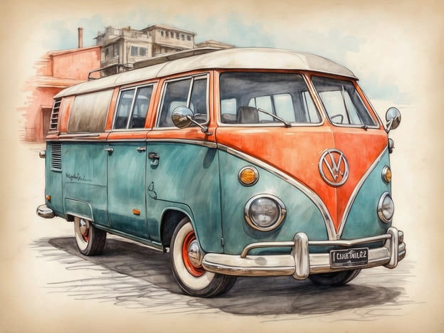 Auf dem Bild ist ein nostalgischer Volkswagen-Bus zu sehen, der in einer Kombination aus Türkis und Orange lackiert ist. Der Bus steht auf einer schlichten Straße, die anscheinend in einem urbanen Umfeld liegt, wobei im Hintergrund mehrstöckige Gebäude angedeutet sind. Die farbenfrohe Lackierung des Fahrzeugs hebt sich deutlich von der neutralen Umgebung ab, was dem Bild eine besondere Lebendigkeit verleiht. Die gesamte Atmosphäre wirkt freundlich und einladend, was typisch für die Ästhetik einer vergangenen Ära ist.