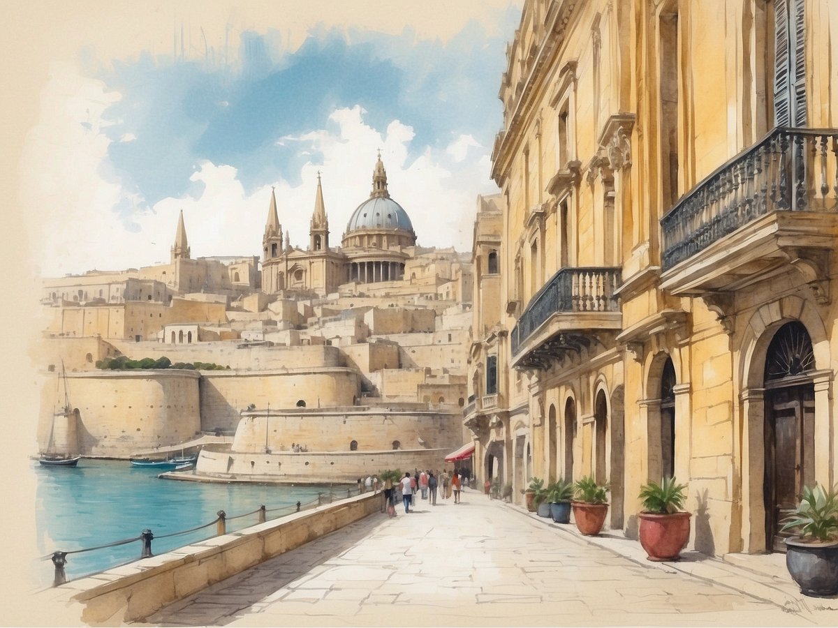 Eine malerische Straße in Valletta, der historischen Hauptstadt Maltas, mit prächtigen Sandsteinbauten, die in warmen Gelbtönen leuchten. Im Hintergrund sind die beeindruckenden Kuppeln und Türme der Kirchen und Gebäude sichtbar, die die Silhouette der Stadt prägen. An der Uferpromenade stehen große Blumentöpfe mit grünen Pflanzen und die ruhige Wasseroberfläche spiegelt die Architektur wider. Spaziergänger flanieren entspannt entlang der Straße, während kleinere Boote im Hafen vor Anker liegen. Die Szenerie vermittelt ein Gefühl von Geschichte und mediterraner Atmosphäre.