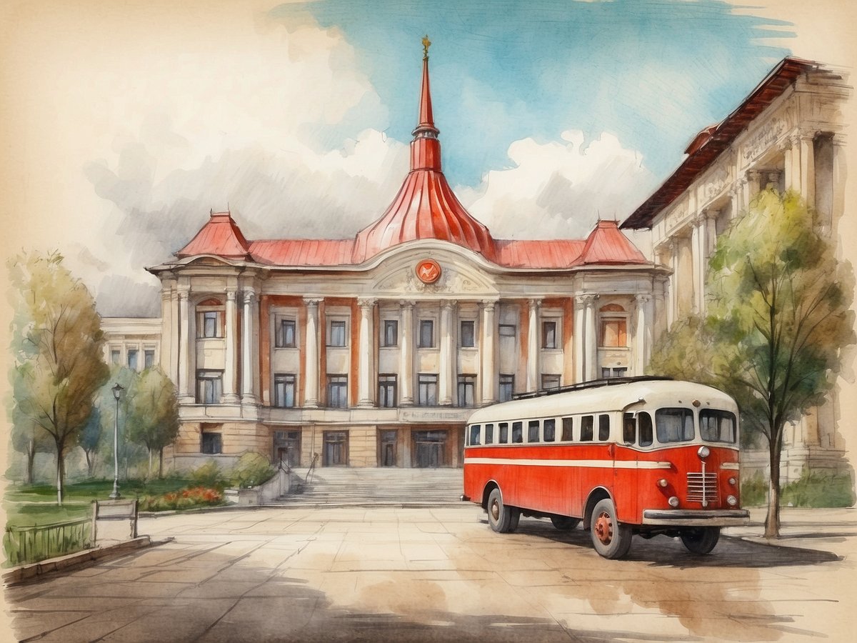 Das Bild zeigt ein historisches Gebäude mit einem markanten roten Dach und einer repräsentativen Fassade, das von Bäumen und Blumenbeeten umgeben ist. Vor dem Gebäude steht ein klassischer, rot-weißer Bus, der nostalgische Erinnerungen weckt. Der Himmel ist blau mit einigen weißen Wolken, was eine freundliche und einladende Atmosphäre schafft. Diese Szene verkörpert die Verbindung zwischen dem sowjetischen Erbe und dem modernen Aufschwung von Chișinău.