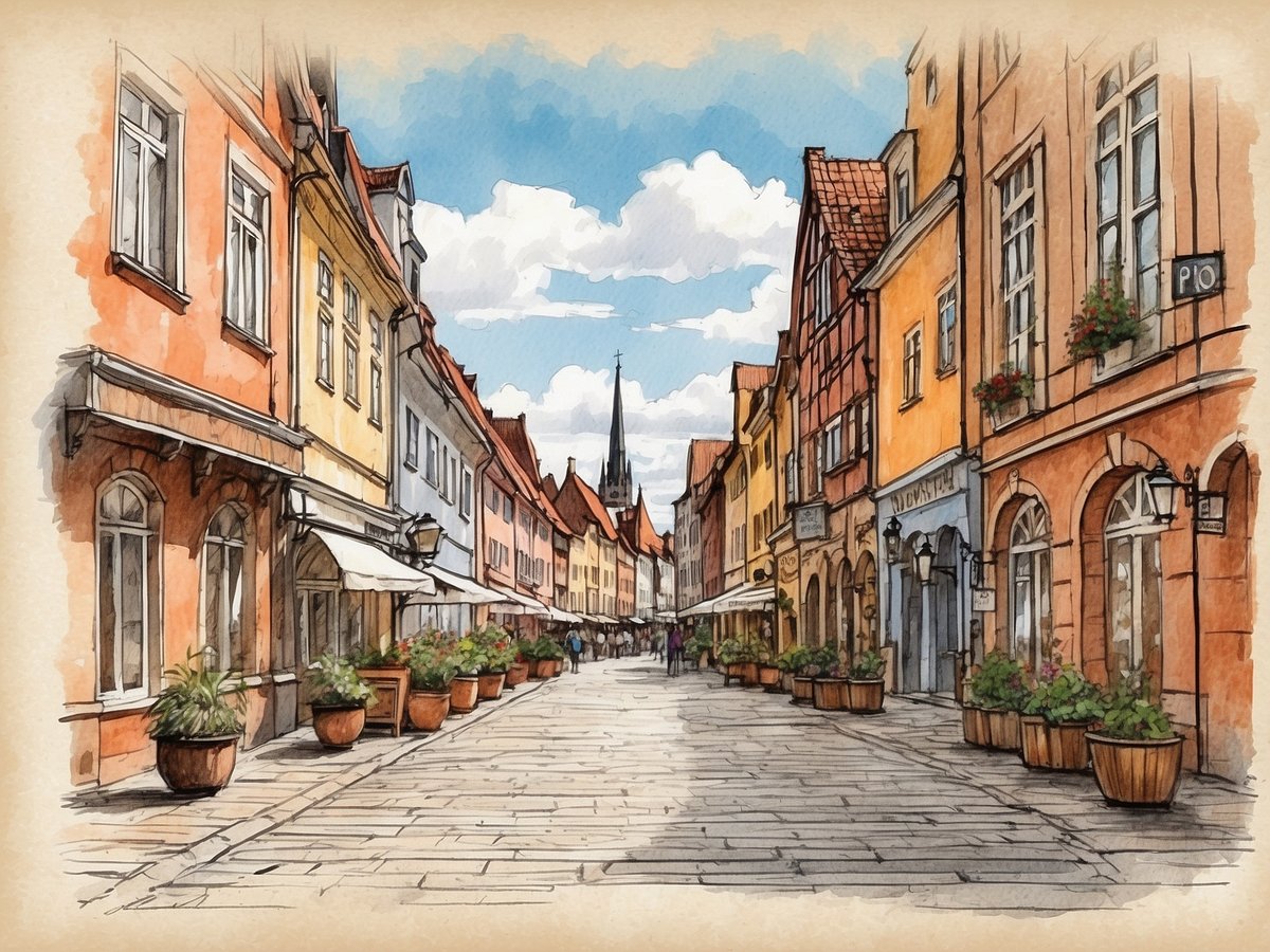 Eine malerische Gasse in Wismar mit bunten, historischen Gebäuden auf beiden Seiten. Der Pflasterweg führt sanft in die Ferne, wo ein hoher Kirchturm zu sehen ist. Blumentöpfe mit Pflanzen zieren die Eingänge der Häuser, und sonnige Wolken sind am blauen Himmel sichtbar. Die Szene strahlt eine gemütliche, einladende Atmosphäre aus.