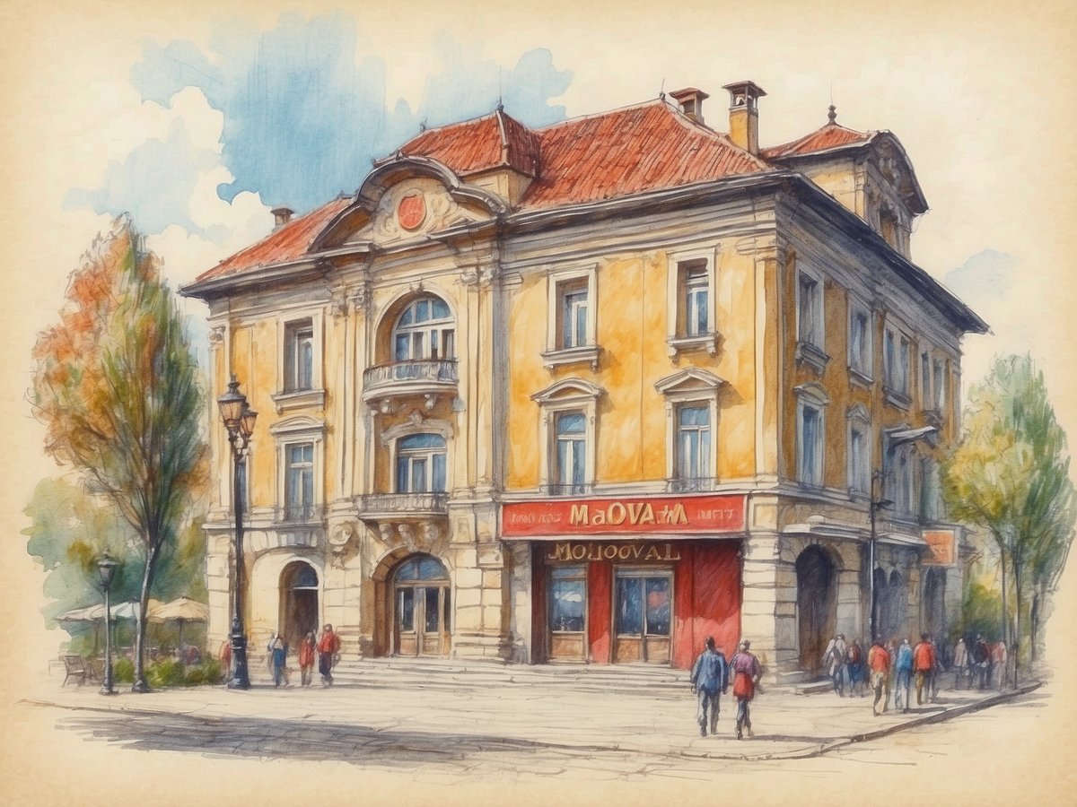 Ein farbenfrohes Gebäude im historischen Stil mit einer auffälligen Fassade in Gelb und roten Akzenten wird dargestellt. Die Architektur zeigt elegante Fenster und Balkone. Vor dem Gebäude sind Passanten zu sehen, die in verschiedene Richtungen gehen, sowie Laternen und Bäume, die der Szenerie Leben verleihen. Der Himmel ist teilweise bewölkt, was eine entspannte Atmosphäre schafft. Das Bild spiegelt die kulturelle Vielfalt Moldaus wider, indem es Tradition und Moderne harmonisch vereint.
