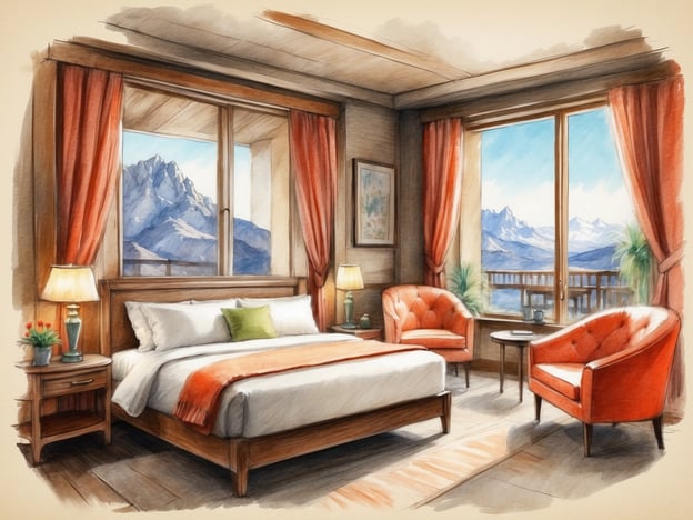 Auf dem Bild ist ein gemütliches Hotelzimmer zu sehen. Die Ausstattung umfasst ein großes, bequemes Bett mit weißen Bettlaken und einer farbigen Decke. Es gibt zwei elegante, orangefarbene Sessel neben einem kleinen Tisch, die eine einladende Sitzecke bilden. 

Die Wände sind mit großen Fenstern ausgestattet, die einen beeindruckenden Ausblick auf die Berge bieten. Vor den Fenstern hängen lange, rote Vorhänge. Zudem befindet sich eine Nachttischlampe und ein kleiner Tisch mit einem grünen Pflanzenarrangement, was das Ambiente wohnlich und charmant macht.