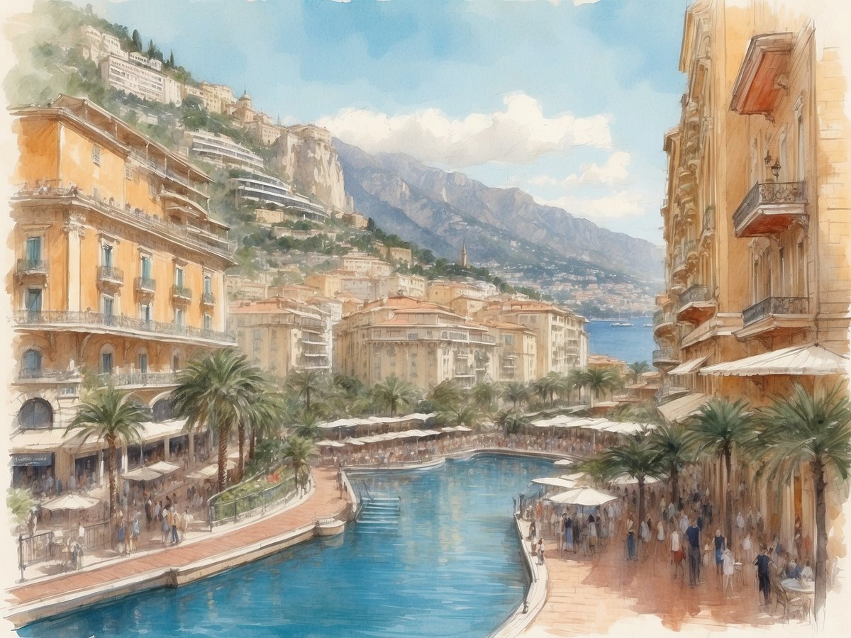 Das Bild zeigt eine malerische Uferpromenade in Monaco, umgeben von eleganten Gebäuden im mediterranen Stil. Palmen säumen den Weg und sorgen für eine tropische Atmosphäre. Zu sehen sind zahlreiche Menschen, die sich zwischen Tischen der Straßencafés bewegen und die Aussicht auf das tiefblaue Wasser genießen. Im Hintergrund erheben sich grüne Berge, die mit charmanten Häusern geschmückt sind, während der Himmel teilweise bewölkt ist und die Sonne durchscheint. Die Szene vermittelt eine lebhafte und einladende Stimmung.