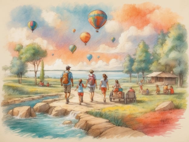 Auf dem Bild sind mehrere Freizeitaktivitäten zu sehen. Eine Familie oder Gruppe von Personen spaziert entlang eines Flusses, umgeben von Bäumen und einer schönen Landschaft. In der Luft schweben bunte Heißluftballons, was auf einen festlichen Anlass oder ein Festival hindeutet. Andere Menschen scheinen am Fluss zu entspannen, Picknicks zu machen oder einfach die Natur zu genießen. Diese Szenerie vermittelt ein Gefühl von Freizeit, Erholung und gemeinsamer Zeit im Freien.