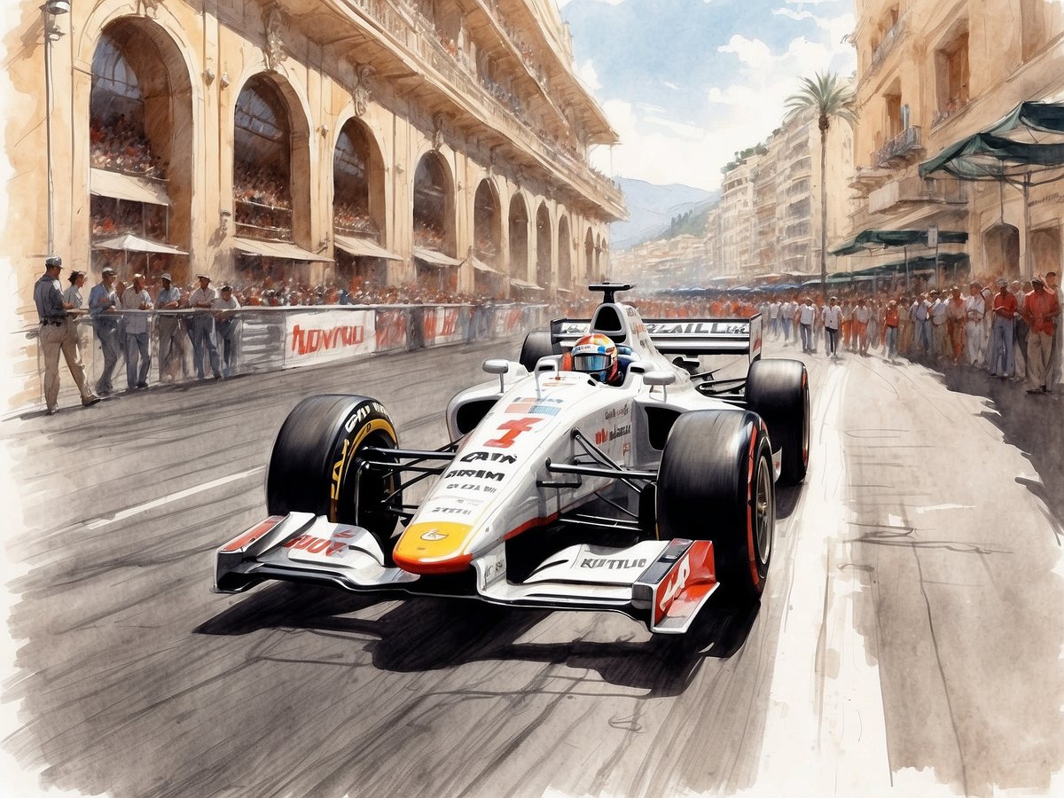 Ein Formel 1 Rennwagen fährt mit hoher Geschwindigkeit durch die Straßen des Fürstentums Monaco. Im Hintergrund sind historische Gebäude und eine Menschenmenge zu sehen, die am Straßenrand steht und das Rennen verfolgt. Palmen und ein klarer Himmel verleihen der Szene eine mediterrane Atmosphäre. Die Rennstrecke ist von festen Wänden gesäumt, was die anspruchsvolle Natur des Monaco Grand Prix unterstreicht.