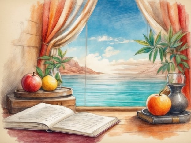 Auf dem Bild ist eine entspannende Szene zu sehen, die Wellness und Ruhe ausstrahlt. Durch ein Fenster mit Vorhängen hat man einen Blick auf eine ruhige Landschaft mit Wasser und Bergen. Auf einem Tisch liegen ein aufgeschlagenes Buch und frisches Obst, was ein Gefühl von Gemütlichkeit und Entspannung vermittelt. Diese Darstellung lädt dazu ein, sich zurückzulehnen, zu entspannen und die friedliche Umgebung zu genießen.