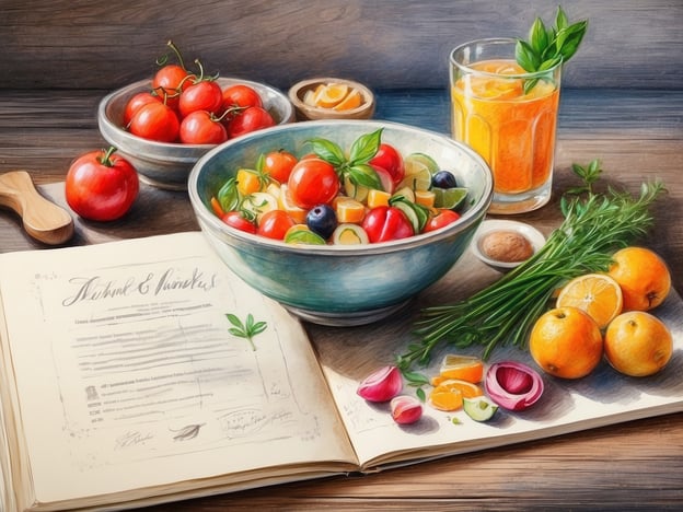 Auf dem Bild sind kulinarische Genüsse in Form von frischen Tomaten, Obst und Kräutern zu sehen. Ein bunter Obstsalat in einer Schüssel sowie ein Glas frisch gepresster Saft laden zur Entspannung und zum Genießen ein. Dazu liegt ein Kochbuch offen, das vielleicht neue Rezeptideen bietet. Diese Zusammenstellung vermittelt ein Gefühl von Frische und einer einladenden Atmosphäre, ideal für eine entspannte Zeit beim Kochen oder Genießen gesunder Speisen.