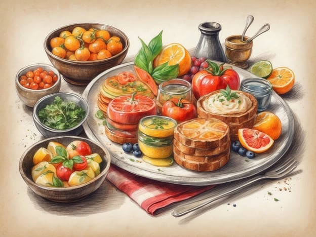 Auf dem Bild ist eine kunstvoll angerichtete Platte mit verschiedenen kulinarischen Genüssen zu sehen. Es gibt eine Auswahl an frischen, bunten Gemüse- und Obstsorten, darunter Tomaten, Zitronen, Orangen und Mandarinen, die typischerweise in vielen lokalen Märkten zu finden sind. 

Die Platte zeigt auch geschichtete Snacks oder Sandwiches, die hübsch mit Kräutern garniert sind. Zu den kleinen Schalen gehören Tomaten und andere frische Kräuter, die man oft in mediterranen oder regionalen Küchen findet. Solch ein Gericht könnte in einem mediterranen Restaurant serviert werden, das für seine frischen Zutaten und Geschmäcker bekannt ist. 

Ebenfalls auffällig sind die Saucen oder Dressings, die dazu gereicht werden, um die Aromen zu verstärken. Diese Art von plattierter Speise lädt zu einem geselligen Essen ein und spiegelt die Vielfältigkeit lokaler Spezialitäten wider.