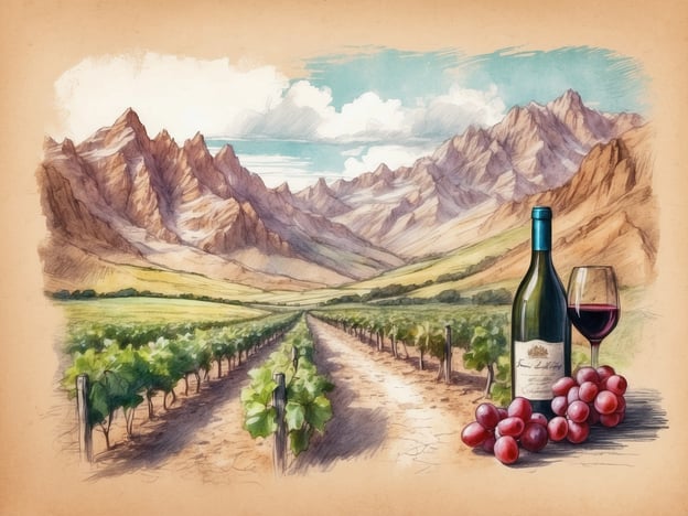 Auf dem Bild sind malerische Weinberge zu sehen, die sich durch eine hügelige Landschaft erstrecken, umgeben von majestätischen Bergen. In der Vordergrund stehen eine Flasche Rotwein und ein Weinglas, begleitet von frischen Trauben. Diese Szene lädt zu vielfältigen Aktivitäten und Freizeitangeboten ein, wie zum Beispiel:

- Weinverkostungen in den Weinbergen.
- Spaziergänge durch die malerischen Landschaften.
- Picknicks in der Natur.
- Besuche von Weinfesten oder -messen.
- Fotografien der atemberaubenden Aussichten.

Solche Erlebnisse vermitteln ein Gefühl von Entspannung und Genuss in einer idyllischen Umgebung.