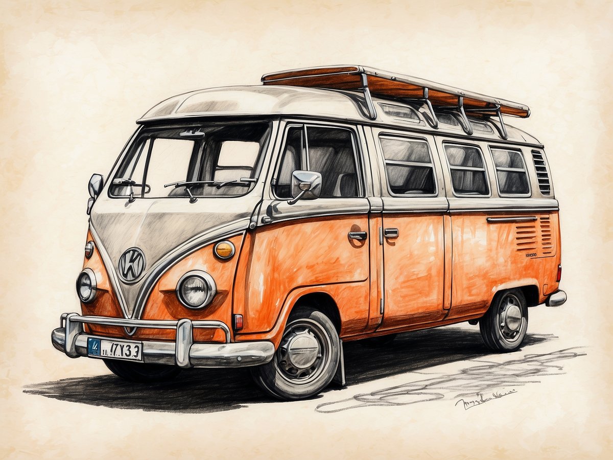 Ein orangefarbener VW Bus steht auf einer befestigten Fläche. Das Fahrzeug hat eine klassische Form mit einem auffälligen, runden Kühlergrill und großen Scheinwerfern. Auf dem Dach des Busses befindet sich ein Holzträger, der zum Transport von Gepäck oder Sportausrüstung genutzt werden kann. Der VW Bus ist auf der linken Seite frontal abgebildet, sodass die charakteristischen Merkmale gut zur Geltung kommen. Im Hintergrund ist ein neutraler, einfarbiger Hintergrund zu erkennen, der den Fokus auf das Fahrzeug lenkt.