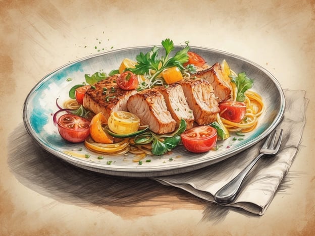 Auf dem Bild ist ein kunstvoll angerichteter Teller zu sehen, der eine köstliche Mahlzeit darstellt. Es handelt sich um saftig gebratenes Fischfilet, das in Stücke geschnitten ist, begleitet von bunten Cherry-Tomaten und einer frischen Beilage aus grünen Blättern. Der Fisch liegt auf einem Bett aus Pasta, was dem Gericht eine italienische Note verleiht. 

Solch ein kulinarisches Erlebnis könnte in einem gehobenen Restaurant genossen werden, das sich auf frische Meeresfrüchte und mediterrane Küche spezialisiert hat. Es ist der perfekte Platz für einen entspannten Abend, um die Aromen des Meeres mit einem Glas Wein zu kombinieren und das Ambiente eines stilvollen Interieurs zu genießen.