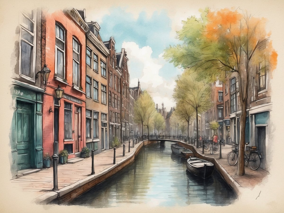 Eine malerische Kanalstraße in Amsterdam, gesäumt von historischen, farbenfrohen Gebäuden. Auf der linken Seite stehen große grüne Bäume, die im Herbst die ersten goldenen Blätter tragen. Der Kanal spiegelt die Umgebung wider, während mehrere kleine Boote sanft im Wasser schaukeln. An den gepflasterten Gehwegen sind Laternen und Blumenkübel platziert. Einige Radfahrer fahren vorbei und verleihen der Szenerie ein lebendiges Flair.