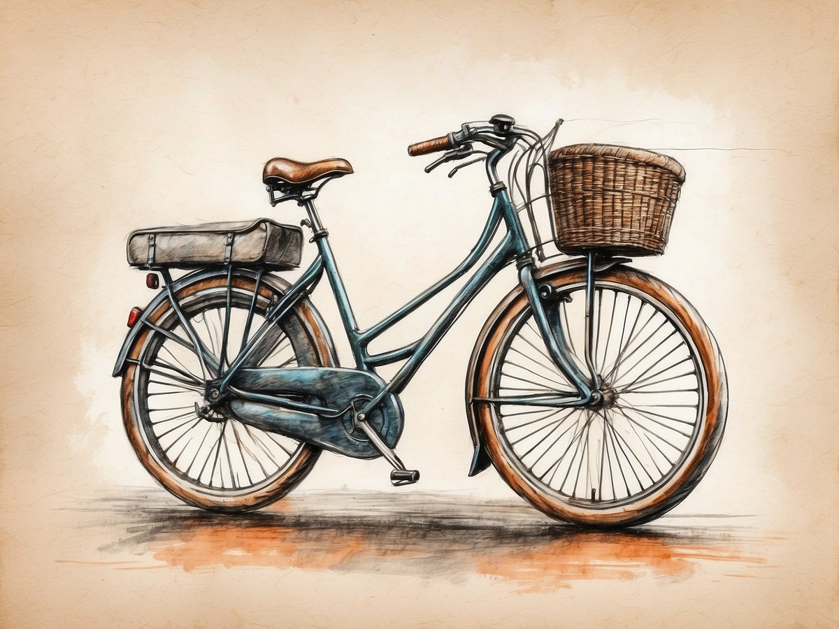 Ein klassisches niederländisches Fahrrad mit einem stabilen Rahmen und breiten Reifen steht auf einem sanften, neutralen Hintergrund. Es hat einen komfortablen Sattel aus Leder und einen Gepäckträger, auf dem eine graue Tasche montiert ist. An der Vorderseite ist ein geflochtener Korb angebracht, ideal für Einkäufe oder persönliche Gegenstände. Die sorgfältige Zeichnung betont die klassischen Merkmale und die Funktionalität des Fahrrads, das perfekt für Erkundungstouren durch die Niederlande geeignet ist.