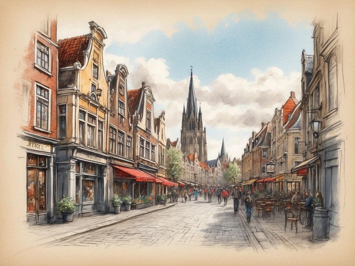 Eine malerische Altstadtstraße in einer historischen niederländischen Stadt, gesäumt von typischen niederländischen Gebäuden mit Giebel-und Schaufenstern. Die Straße ist belebt, Menschen flanieren und sitzen an Tischen von Cafés mit roten Sonnenschirmen. Im Hintergrund ragt ein imposanter Kirchturm mit spitzen Türmen in den Himmel, umgeben von einem teilweise bewölkten Himmel. Die Atmosphäre ist lebhaft und einladend, was die historische Architektur und das bunte Treiben der Stadt widerspiegelt.