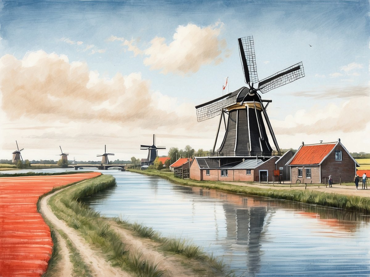 Eine malerische Landschaft der Niederlande zeigt einen ruhigen Kanal, an dessen Ufer sich eine traditionelle Mühle erhebt. Im Hintergrund sind mehrere weitere Windmühlen sichtbar, unter einem weiten Himmel mit sanften Wolken. Der Vordergrund ist durch ein lebhaftes rot blühendes Feld geprägt, das sich entlang des Kanals zieht. Ein kleiner Weg führt entlang des Wassers, wo vereinzelte Personen die idyllische Szenerie genießen. In der Nähe der Mühle steht ein charakteristisches niederländisches Haus mit einem roten Dach. Die gesamte Szene verkörpert den charmanten Charakter der Wasserwege der Niederlande.