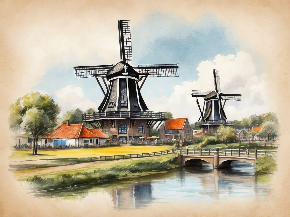 Zwei klassische holländische Windmühlen stehen in einer malerischen Landschaft. Im Vordergrund fließt ein ruhiger Fluss, an dessen Ufer eine kleine Steinbrücke führt. Auf der linken Seite sind grüne Wiesen und einige Bäume zu sehen, während die Häuser mit orangefarbenen Dächern im Hintergrund eine ländliche Kulisse bilden. Der Himmel ist hellblau mit einigen weißen Wolken, die die idyllische Atmosphäre der Szene unterstreichen.