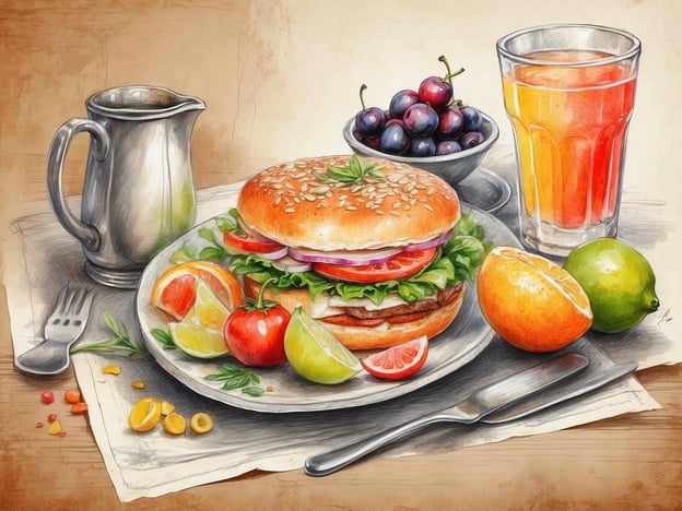 Auf dem Bild ist ein appetitlicher Hamburger auf einem Teller zu sehen, geschichtet mit Salat, Tomaten und Zwiebeln. Daneben liegen mehrere frische Früchte, darunter Limetten, Orangen und kleine Tomaten. Im Hintergrund steht ein Glas mit einem bunten Getränk, und daneben befindet sich eine Schale mit dunklen Beeren. Außerdem steht eine kleine Kanne auf dem Tisch. Die gesamte Anordnung vermittelt eine einladende und leckere Atmosphäre.