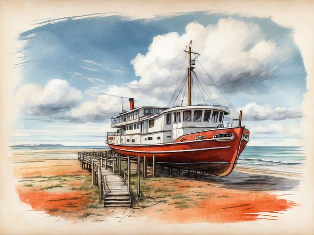 Auf dem Bild ist ein großes, rot-weißes Schiff zu sehen, das an einem Strand liegt, umgeben von einem weiten Himmel und sanften Wolken. Dieses Szenario könnte an die Geschichte von Friedrichskoog erinnern, einem idyllischen Ort an der Nordsee in Deutschland, der bekannt ist für seine maritime Atmosphäre und schöne Küstenlandschaften. 

Friedrichskoog hat eine lange Tradition als Seefahrerdorf und ist von Wasser und Natur geprägt. Hier findet man eine Vielzahl von Schiffswracks und historischen Fischereifahrzeugen, die oft als Erinnerungen an die seefahrende Vergangenheit des Ortes dienen. So wie das Schiff auf dem Bild, das möglicherweise einst die Küstengewässer befuhr, hat der Ort viele Geschichten von Abenteuern und der Beziehung zwischen Mensch und Meer zu erzählen.