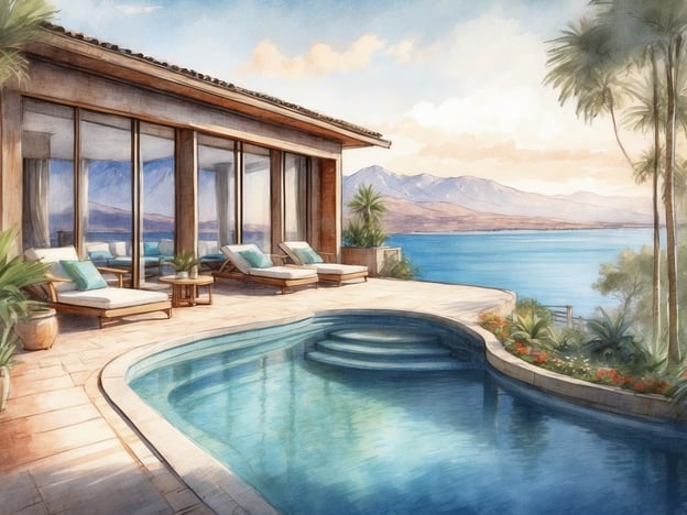 Auf dem Bild ist eine luxuriöse Unterkunft mit einem atemberaubenden Blick auf das Wasser und die Berge zu sehen. Es gibt einen einladenden Pool mit geschwungenem Design, umgeben von elegant gestalteten Liegen und Tischen. Die große Fensterfront lässt viel Tageslicht herein und bietet eine herrliche Aussicht. Palmen und farbenfrohe Blumen rund um die Terrasse schaffen eine entspannende Stimmung. Diese Unterkunft bietet sowohl erholsame als auch luxuriöse Annehmlichkeiten, ideal für einen entspannten Aufenthalt.