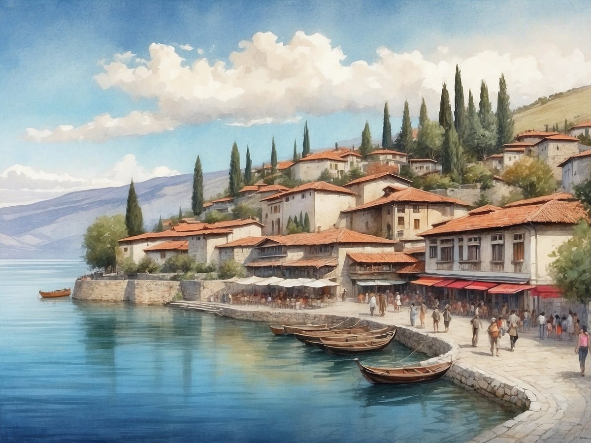 Ein malerischer Blick auf die Uferpromenade von Ohrid mit traditionellen Steinhäusern und Terrakotta-Dächern. Die Gebäude schmiegen sich an die Straßen, gesäumt von grünen Zypressen. Am klaren, ruhigen Wasser des Ohridsees liegen Holzboote, während Menschen gemütlich entlang der Uferstraße schlendern. Die Atmosphäre ist lebhaft, mit Ständen und Cafés, die einladend wirken. Sanfte Hügel und eine friedliche Himmelslandschaft im Hintergrund runden die beeindruckende Szenerie ab, die das kulturelle Erbe und die Schönheit von Ohrid widerspiegelt.