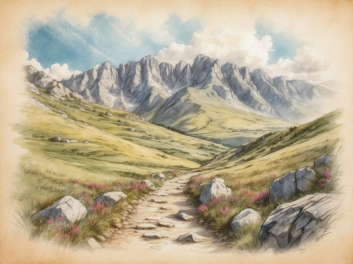 Ein malerischer Wanderweg führt durch die unberührte Natur Nordmazedoniens, umgeben von majestätischen Bergen und bunten Wildblumen. Grüne Wiesen erstrecken sich bis zum Horizont, während imposante Gipfel den Himmel berühren. Die Szenerie strahlt Frieden und Ruhe aus, ideal für naturnahe Wanderer, die das Herz des Balkans erkunden möchten.