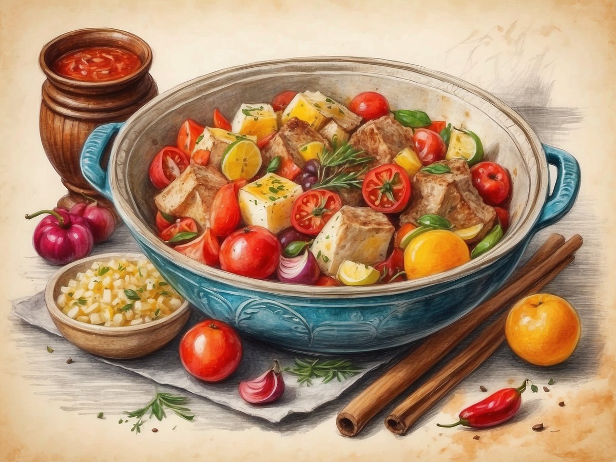 Ein bunter, rustikaler Topf mit herzhaftem Gemüse, darunter Kartoffeln, Tomaten, Zwiebeln und Zitrusfrüchten, ist in der Mitte des Bildes zu sehen. Der Topf steht auf einem hellen Untergrund, umgeben von frischen Kräutern. Neben dem Topf befindet sich eine Schale mit zarten Beilagetropfen und ein weiteres Gefäß mit roter Soße. Die Farben sind lebhaft und erinnern an die kulinarischen Geheimnisse Nordmazedoniens, die reich an Aromen und Traditionen sind.