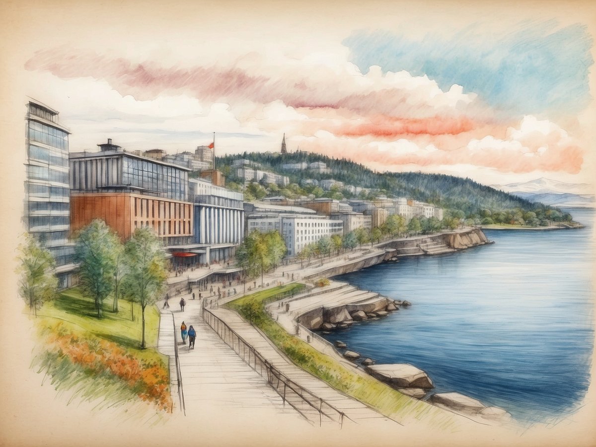 Eine malerische Darstellung der Uferpromenade in Oslo, die moderne Architektur und natürliche Elemente harmonisch vereint. Auf der linken Seite sind moderne Gebäude mit großen Fenstern und klaren Linien zu sehen. Im Vordergrund führen gepflasterte Wege am Wasser entlang, gesäumt von Bäumen und grünen Sträuchern. Spaziergänger genießen die Aussicht auf den glitzernden Fjord und die sanften Hügel im Hintergrund. Der Himmel ist von sanften Pastellfarben geprägt, was eine ruhige und einladende Atmosphäre schafft.