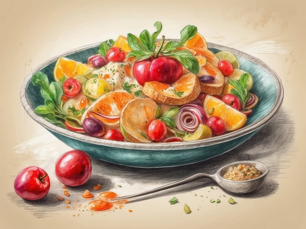 Auf dem Bild ist eine bunte und frische Salatkreation zu sehen. Der Salat enthält eine Vielzahl von Zutaten, darunter knackiges Gemüse, frisches Obst wie Äpfel, Orangen und Tomaten, sowie einige grüne Blätter, die für ein ansprechendes Aussehen sorgen. Das Ganze ist in einer schönen Schüssel angerichtet und wird von einer kleinen Schale mit Gewürzen begleitet, die das Aroma der kulinarischen Genüsse perfekt abrunden. Diese Mischung bietet einen herrlichen Geschmack und ist ideal für eine gesunde und leckere Mahlzeit.