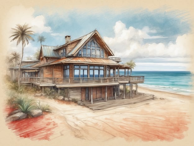 Auf dem Bild ist ein großes, modernes Strandhaus zu sehen. Es befindet sich direkt am Ufer eines Ozeans oder Meeres, umgeben von sandigem Strand und einigen Palmen. Die Architektur des Hauses ist aus Holz, mit großen Fenstern, die einen Blick auf das Wasser bieten. Die Umgebung ist malerisch, mit sanften Wellen im Hintergrund und einem wolkigen Himmel, was eine entspannte Atmosphäre schafft. Die Lage des Hauses scheint ideal für Erholung und einen Blick auf die Küste zu sein.