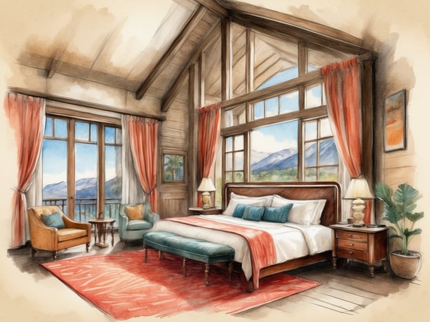 Auf dem Bild ist ein stilvolles Schlafzimmer zu sehen. Es bietet eine einladende Atmosphäre mit großen Fenstern, die einen Blick auf die Berge ermöglichen. Die Einrichtung umfasst ein gemütliches Bett mit dekorativen Kissen, einen Teppich und bequeme Sessel. Solch eine Unterkunft könnte zum Beispiel in einem schönen Berghotel oder einem charmanten Ferienhaus sein, ideal für einen erholsamen Aufenthalt in der Natur. Die großen Fenster sorgen für viel Tageslicht und eine angenehme Verbindung zur Umgebung.