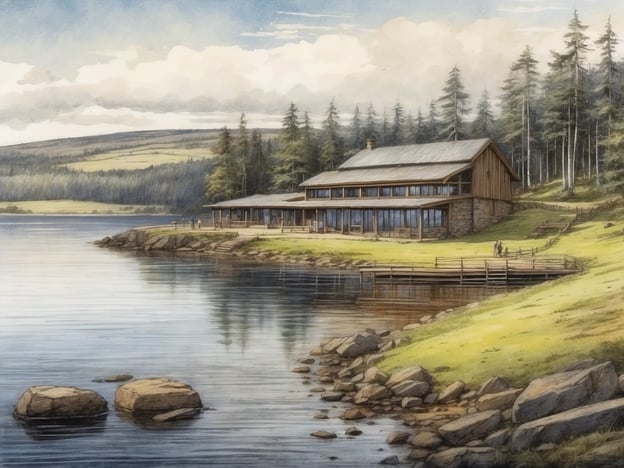 Auf dem Bild ist eine malerische Szene von Kielder Waterside zu sehen. Es zeigt ein modernes Gebäude am Ufer eines ruhigen Sees, umgeben von einer bewaldeten Landschaft. Die Architektur des Hauses ist eine Mischung aus Holz und Stein, mit großen Fenstern, die einen schönen Blick auf das Wasser bieten. Auf dem Gelände sind einige Menschen zu sehen, die die Natur genießen. Die Umgebung ist friedlich, mit sanften Hügeln im Hintergrund und einer klaren, reflektierenden Wasseroberfläche. Kielder Waterside ist bekannt für seine natürliche Schönheit und Freizeitmöglichkeiten, wie Wandern und Wassersport.