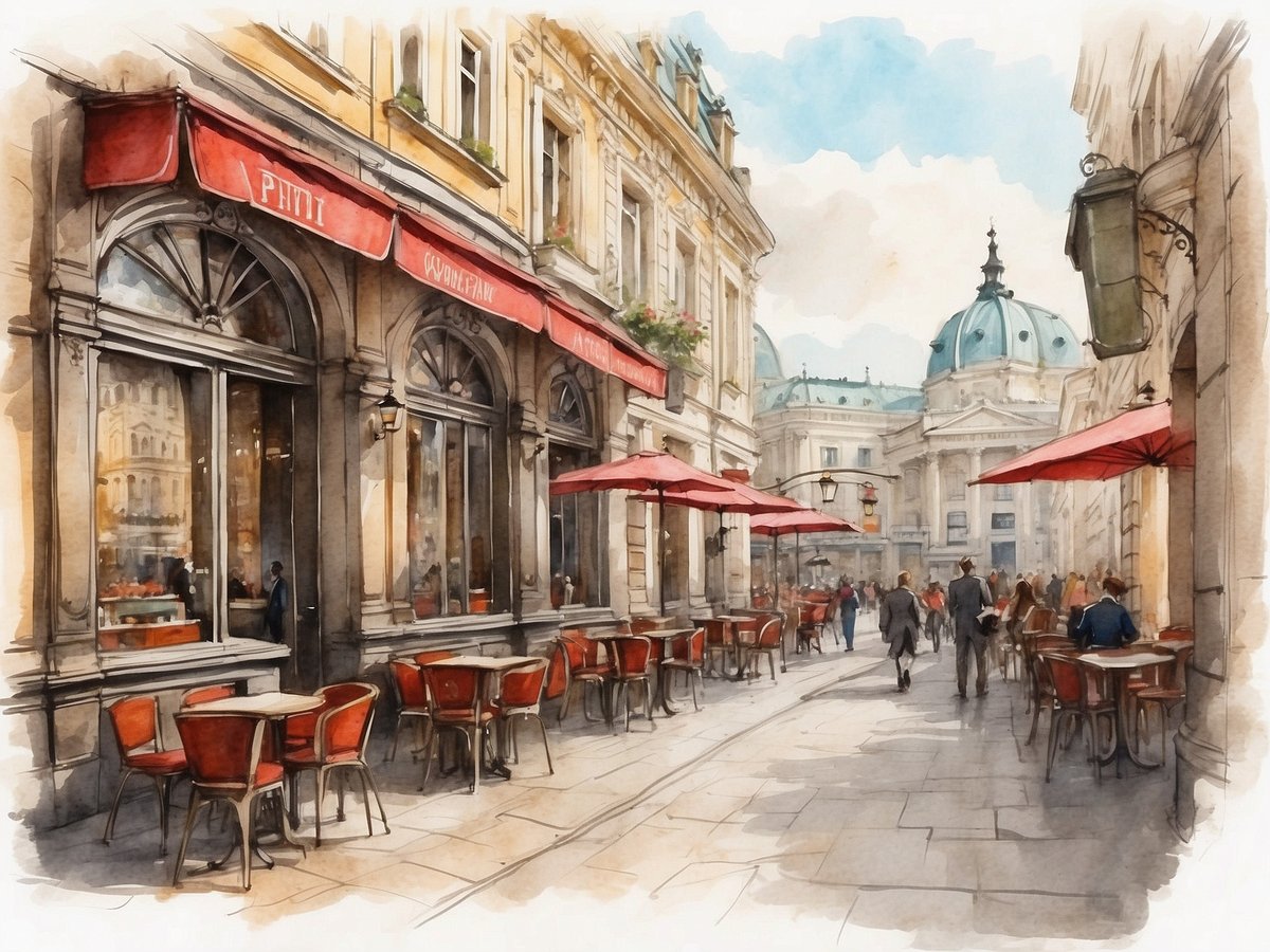 Eine malerische Straßenszene in Wien, die ein traditionelles Kaffeehaus mit roten Sonnenschirmen zeigt. Die Fassade ist mit großen Fenstern ausgestattet, die einen Blick auf die Innenräume ermöglichen. Vor dem Kaffeehaus stehen rot gepolsterte Tische und Stühle auf dem Bürgersteig. Der gewölbte Himmel über der Szene ist klar und zeigt nur wenige Wolken. Menschen schlendern in der Umgebung, während im Hintergrund beeindruckende historische Gebäude mit markanten Kuppeln zu sehen sind. Die Atmosphäre strahlt einladende Gemütlichkeit und zeitlose Eleganz aus.