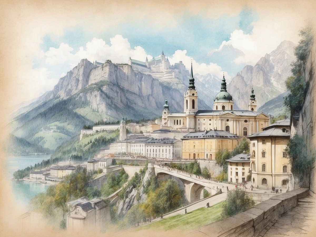 Eine malerische Ansicht von Salzburg, die von majestätischen Bergen umgeben ist. Im Vordergrund ist eine ruhige Straße zu sehen, auf der einige Menschen spazieren gehen. Auf der linken Seite fließt der Fluss Salzach, während auf der rechten Seite beeindruckende Gebäude mit barockem Flair zu erkennen sind. Die Kathedrale mit ihren charakteristischen türmenden Zwiebeltürmen und die Festung Hohensalzburg im Hintergrund verleihen der Szene einen historischen Charme. Die sanfte Farbpalette und die Lichtverhältnisse unterstreichen die idyllische Schönheit dieser Stadt, die eng mit Mozart und der Filmkulisse von "Sommer in Salzburg" verbunden ist.
