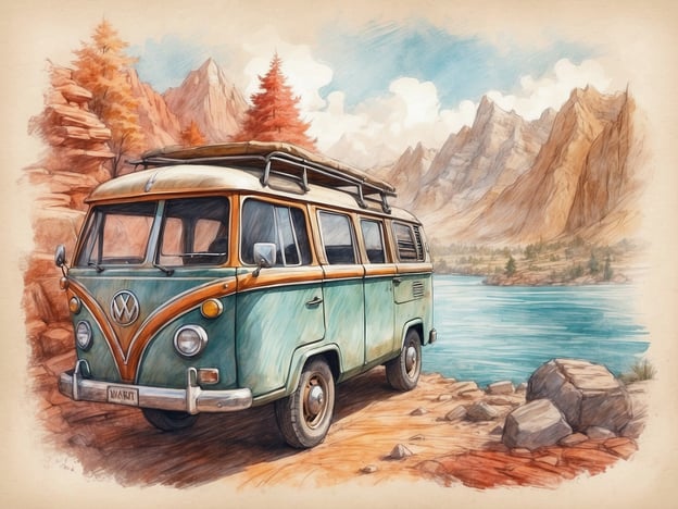 In dem Bild sehen wir einen nostalgischen VW-Bus, der an einem malerischen Gewässer parkt. Die Umgebung beinhaltet beeindruckende Berge im Hintergrund, die mit grünen und roten Bäumen gesäumt sind, was auf eine herbstliche Atmosphäre hinweist. Das Wasser spiegelt die Wolken und die Schönheit der Landschaft wider. Der VW-Bus ist in sanften Farbtönen gehalten und hat eine rustikale Ausstrahlung, die zum Entdecken der Natur einlädt. Diese Szenerie könnte den Drang wecken, eine Reise in die Natur zu unternehmen und neue Abenteuer zu erleben.