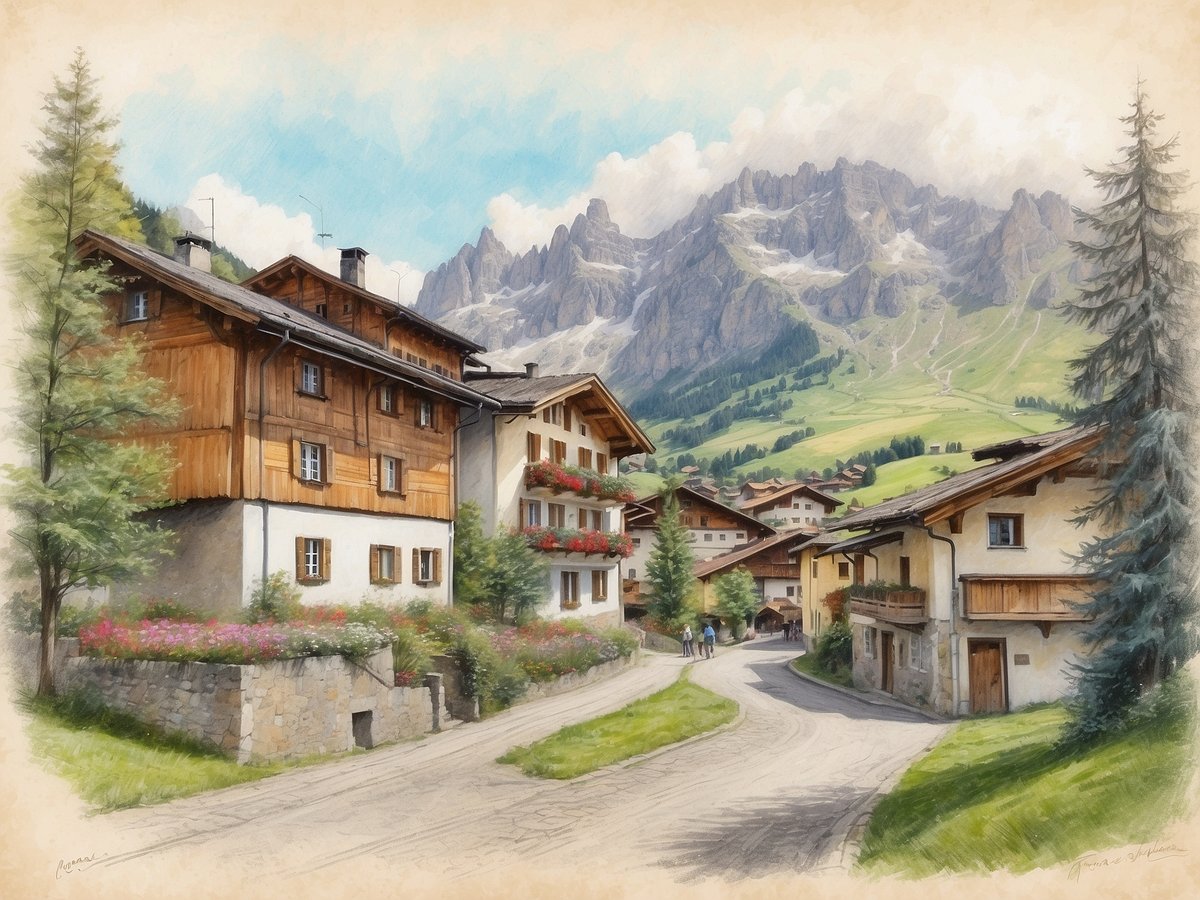 Eine malerische Dorfszene in den Alpen, die traditionelle Holzarchitektur mit blühenden Blumen und mächtigen Berggipfeln im Hintergrund verbindet. Die schmalen, gewundenen Straßen laden zu Spaziergängen ein, während die alten Häuser mit ihren Holzverkleidungen harmonisch in die natürliche Umgebung eingebettet sind. Die Landschaft wird von majestätischen Bergen und üppigen Wiesen geprägt, die den Einklang von Architektur und Natur in Vorarlberg widerspiegeln.
