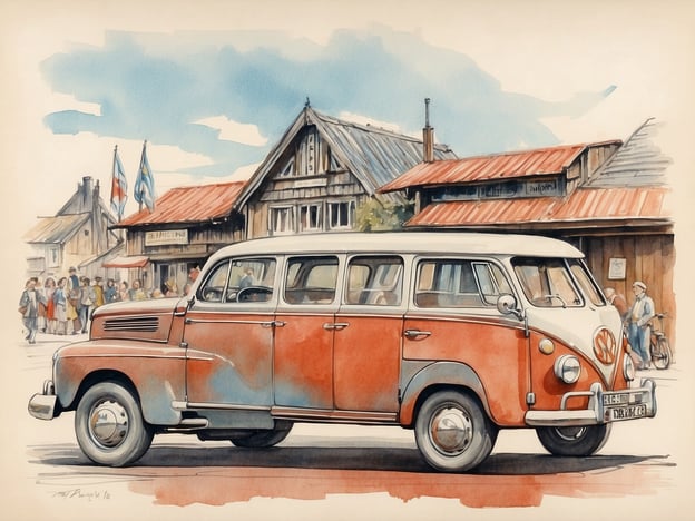 Auf dem Bild ist ein alter Volkswagen-Bus zu sehen, der auf einer belebten Straße geparkt ist. Im Hintergrund sind einige traditionelle Gebäude und eine Gruppe von Menschen zu sehen, die an einer kulturellen Veranstaltung oder einem Fest teilnehmen könnten. Möglicherweise handelt es sich um einen lokalen Markt oder eine Feier, bei der Menschen in Trachten oder festlicher Kleidung zusammenkommen. Die Szene vermittelt eine gemütliche, einladende Atmosphäre, typisch für Veranstaltungen, die die lokale Kultur feiern.