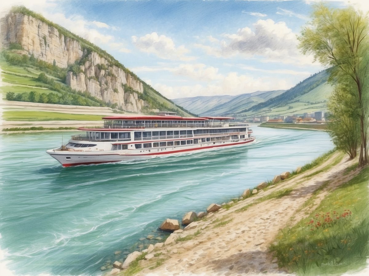 Ein elegantes Kreuzfahrtschiff fährt auf der Donau, umgeben von beeindruckenden, steilen Felsen und sanften Hügeln. Die Landschaft präsentiert eine harmonische Mischung aus geschwungenen Wasserläufen und üppigem Grün, während der Himmel hellblau mit einigen weißen Wolken ist. Am Ufer führt ein schmaler Weg entlang des Flusses, gesäumt von Bäumen und farbenfrohen Blumen. Im Hintergrund sind kleine Gebäude und Berge zu sehen, die die malerische Kulisse vervollständigen.