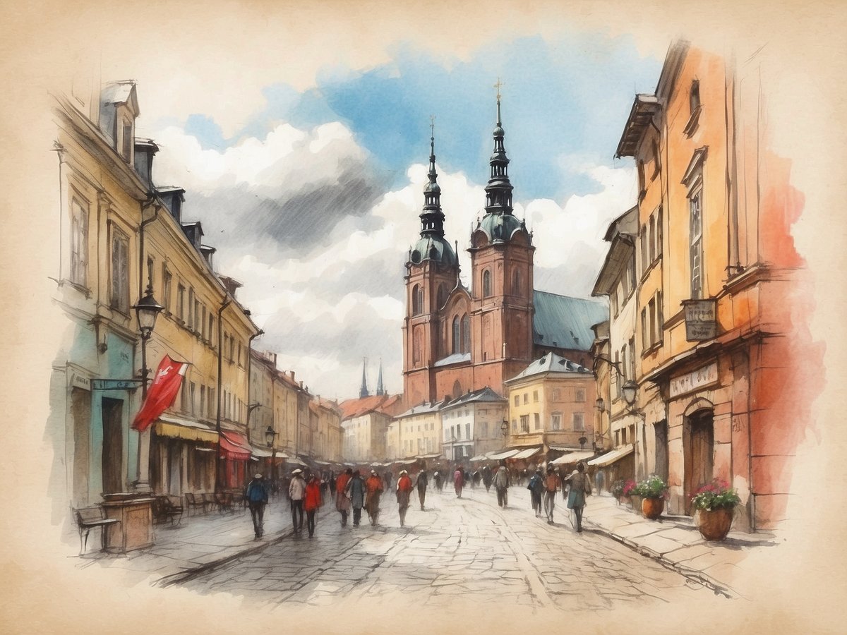 Eine malerische Straßenansicht zeigt eine belebte Fußgängerzone mit historischen Gebäuden auf beiden Seiten. Im Hintergrund ragen die beiden Türme einer imposanten Kirche in den Himmel. Die Straße ist von Menschen belebt, die entlang der Restaurants und Geschäfte schlendern. Einige befinden sich unter Schirmen, während blühende Pflanzen in Töpfen die Architektur ergänzen. Der Himmel ist bewölkt, was der Szene eine stimmungsvolle Atmosphäre verleiht.