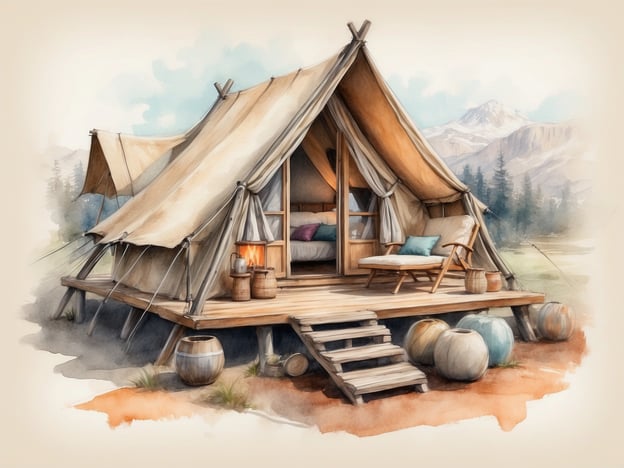 Auf dem Bild ist eine einzigartige Unterkunft in Form eines Glamping-Zelts zu sehen. Es steht auf einem Holzpodest und hat ein stilvolles, gemütliches Interieur mit einem Bett und bequemen Möbeln. Rund um das Zelt sind verschiedene dekorative Elemente, wie Tonkrüge und kleine Möbelstücke, die eine angenehme Atmosphäre schaffen. Diese Art von Unterkunft bietet eine Kombination aus Naturerlebnis und Komfort. Im Hintergrund sind Berge und Bäume zu erkennen, was die idyllische Umgebung unterstreicht.