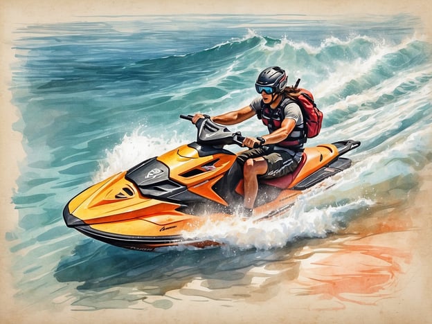 Auf dem Bild ist ein Mann zu sehen, der mit einem Jet-Ski über das Wasser fährt. Dies ist eine aufregende Wassersportaktivität, die Geschwindigkeit und Abenteuer bietet. Jet-Ski fahren ist beliebt an Stränden und Seen und ermöglicht es den Fahrern, das Wasser aus einer neuen Perspektive zu erleben. Weitere Wassersportmöglichkeiten könnten auch Wasserski, Wakeboarden oder Surfing umfassen.