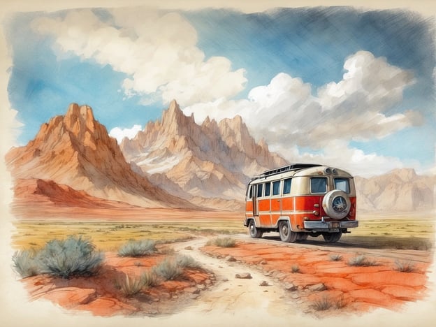 Auf dem Bild ist ein orangefarbener VW-Bus zu sehen, der auf einem staubigen Weg in einer weiten, schroffen Landschaft fährt. Im Hintergrund erheben sich majestätische Berge mit schroffen Gipfeln unter einem blauen Himmel, der mit einigen weißen Wolken geschmückt ist. Das Gebiet scheint eine Mischung aus trockenem Terrain und spärlicher Vegetation zu sein, was auf eine abgelegene und natürliche Umgebung hinweist. Entdecke die Umgebung und genieße die beeindruckende Aussicht auf die Natur und die Weite dieser Landschaft!