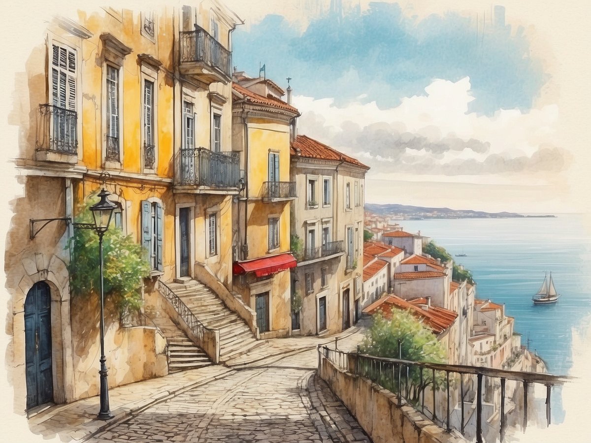 Eine malerische Straßenansicht in Lissabon, die die charakteristische Architektur der Stadt zeigt. Die gelben und weißen Gebäude mit Balkonen und Fensterläden fügen sich harmonisch in die Szenerie ein. Eine gepflasterte Straße führt sanft bergab, gesäumt von sanften Treppen und einem alten Laternenmast. Im Hintergrund ist das glitzernde Wasser des Atlantiks zu sehen, während ein kleines Segelboot sanft über die Wellen gleitet. Die sanfte Beleuchtung des Himmels und die ruhige Atmosphäre vermitteln den historischen Charme und die Schönheit der Stadt der sieben Hügel.