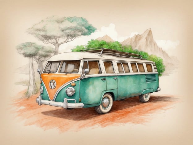 Auf dem Bild ist ein klassischer Volkswagen-Bus zu sehen, der in einer natürlichen Umgebung fährt. Diese Art von Fahrzeug wird oft mit umweltfreundlichem Reisen und nachhaltigem Camping assoziiert. Der Bus symbolisiert die Idee, die Natur zu genießen und gleichzeitig auf umweltbewusste Weise unterwegs zu sein. Die sanfte Farbpalette und die natürliche Landschaft unterstreichen die Verbindung zur Umwelt und fördern eine nachhaltige Lebensweise. Solche Fahrzeuge können zur Reduzierung von CO₂-Emissionen beitragen, wenn sie mit modernen, umweltfreundlichen Antrieben ausgestattet sind.