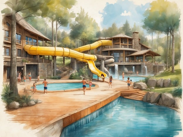 Auf dem Bild ist eine malerische Szene aus einem Freizeitbad zu sehen, das Elemente wie eine gelbe Wasserrutsche, einen Pool und eine Holzterrasse zeigt. Diese Darstellung könnte zu einem Center Parcs, wie dem Limburgse Peel, passen, das für seine naturnahen Erholungsmöglichkeiten und familienfreundlichen Aktivitäten bekannt ist. Hier können Gäste entspannen, schwimmen und Spaß haben, umgeben von der wunderschönen Natur der Limburgse Peel Region. Solche Anlagen bieten oft eine Vielzahl von Wasseraktivitäten, ideal für Familien und Freunde, die einen erholsamen Urlaub suchen.