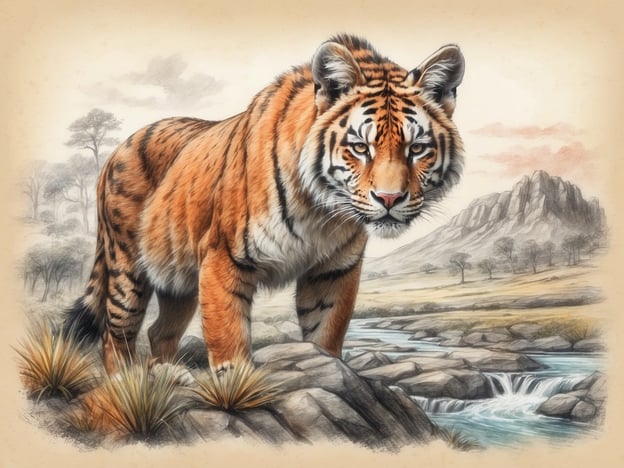 Auf dem Bild ist ein majestätischer Tiger zu sehen, der auf einem Felsen steht. Im Hintergrund erstreckt sich eine malerische Landschaft mit Bergen und einem fließenden Gewässer, das sanft über die Steine plätschert. Die Vegetation wirkt wild und unberührt, mit einigen Bäumen und Gräsern, die das Bildrahmen.

Diese Art von Umgebung könnte ideal für einen Ausflug in einen Nationalpark sein, wo Besucher die Tierwelt und die natürliche Schönheit hautnah erleben können. Beliebte Ziele für solche Erlebnisse könnten zum Beispiel der Ranthambore-Nationalpark in Indien oder der Bandhavgarh-Nationalpark sein, wo Tiger in ihrem natürlichen Lebensraum beobachtet werden können.