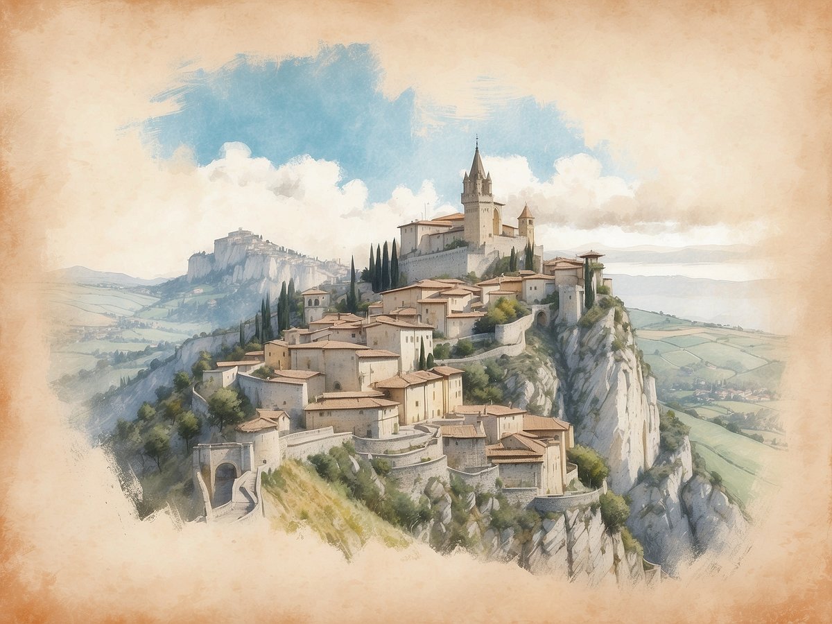 Eine malerische Landschaft zeigt die beeindruckende Silhouette von San Marino, der ältesten Republik der Welt. Auf einem steilen Hügel thront eine historische Altstadt mit mittelalterlichen Gebäuden und Türmen. Der Blick erstreckt sich über sanfte Hügel und grüne Felder, während einige Zypressen und andere Bäume die Szenerie ergänzen. Der Himmel ist teilweise bewölkt, was eine ruhige und friedliche Atmosphäre schafft. Dieses Bild fängt die zeitlose Schönheit und den historischen Reichtum von San Marino perfekt ein.