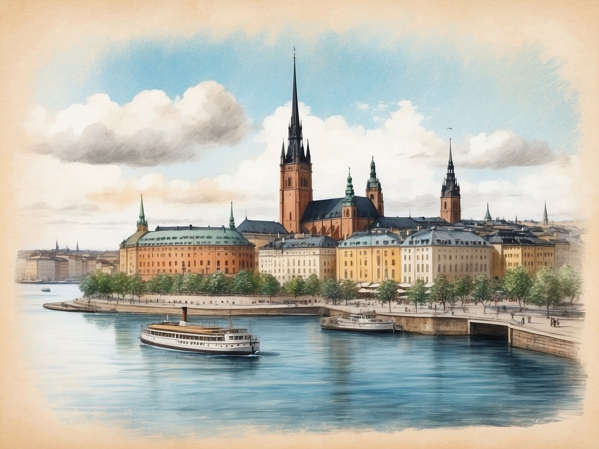 Das Bild zeigt eine malerische Ansicht von Stockholm, der Stadt der Inseln. Im Vordergrund verläuft ein ruhiger Wasserweg, auf dem zwei Boote fahren. Die Architekturlinie wird von historischen Gebäuden geprägt, darunter ein bemerkenswerter Kirchturm und ein imposantes Schloss. Der Himmel ist freundlich mit sanften Wolken, die für eine einladende Atmosphäre sorgen. Bäume säumen das Ufer und tragen zur lebendigen Szenerie bei, während Passanten entlang der Promenade flanieren.