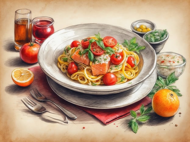 Auf dem Bild sind köstliche kulinarische Genüsse zu sehen. Im Mittelpunkt steht ein Teller mit Pasta, umgeben von zarten, frischen Tomaten und saftigem Lachs, garniert mit aromatischem Basilikum. Daneben liegen ein paar frische Kräuter und eine Schale mit einer delikaten Beilage. Die Teller werden von verschiedenen Getränken begleitet, und es sind auch einige Obststücke, wie ein Zitronen- und ein Orangenstück, zu sehen. Diese Anordnung verspricht ein geschmackvolles und ansprechendes Mahl!